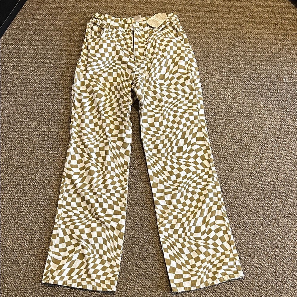 Altar'd State Olive and White Checkered Pants
